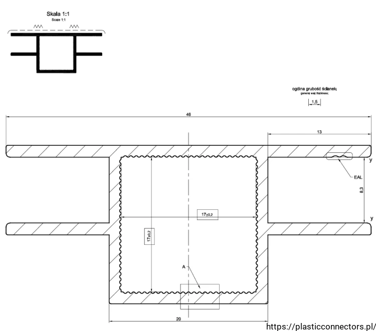 Aluminium-Spezialprofil, Quadratrohr + 2U gerade, 20x20x1,5 mm