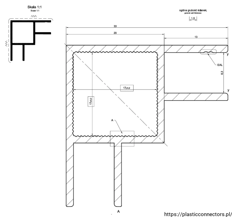 Aluminium-Spezialprofil, Quadratrohr + 2U Ecke, 20x20x1,5 mm