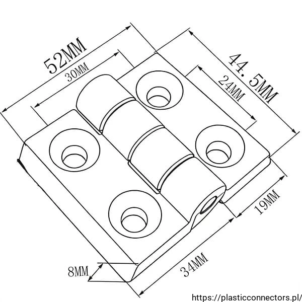 Kunststoff-Scharnier 44,5x52x8mm skizzieren