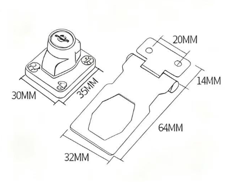 Technische Zeichnung Riegelschloss Edelstahl SUS 304 64x32mm