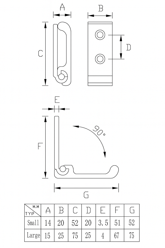 Klappbarer Wandhaken Aluminium Silber groß 75mm